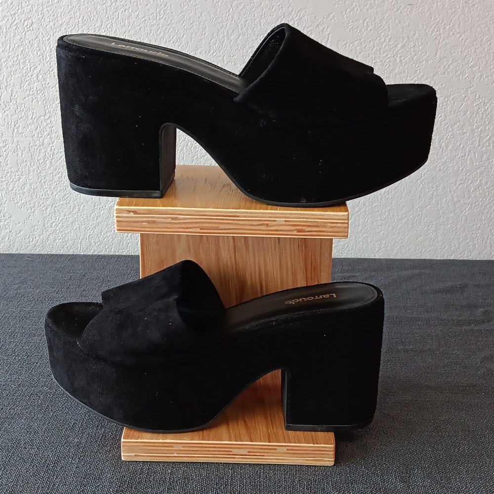 Larroude Miso Platform Suede Sandal Black Size 8   4" Heel Slip On